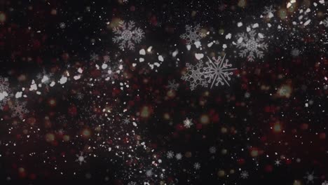 Animation-of-snowflakes-and-glowing-red-spots-over-black-background