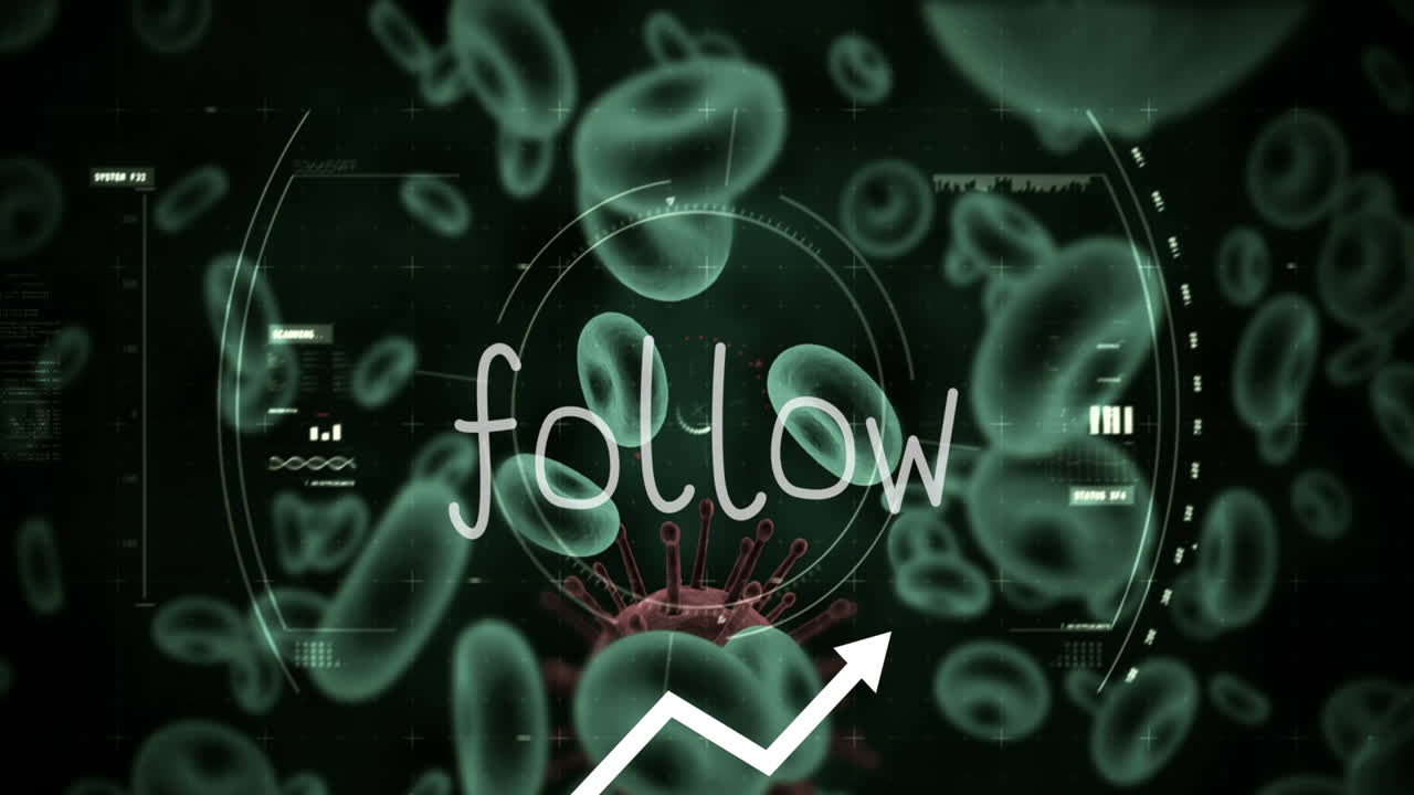 녹색 배경에 대한 covid-19 세포 및 혈관에 대한 텍스트 및 스 스캔을 따르십시오.