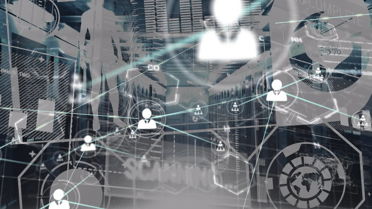 Animation of network of connections with icons and data processing over computer servers