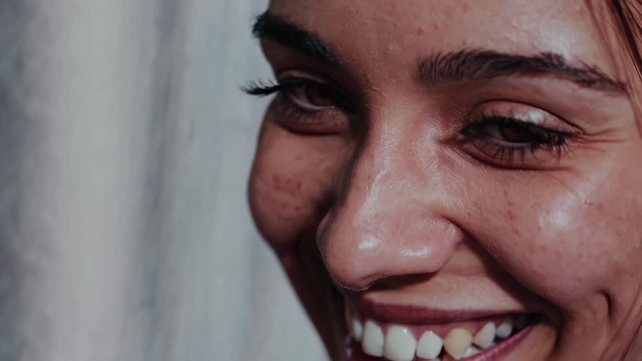 Close-up video shot of a woman's face, capturing natural expression and texture, with a focus