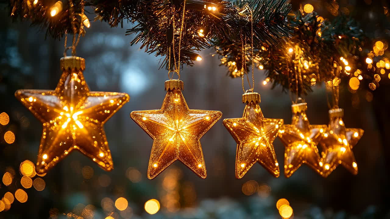 Decorazioni sospese con luci brillanti in un giardino invernale durante le festività natalizie