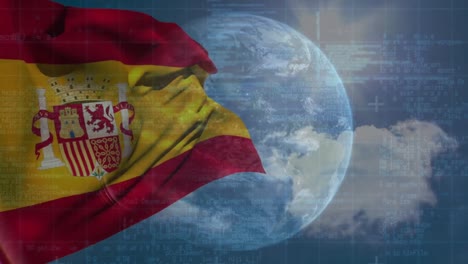 Animation-of-data-processing-and-globe-over-flag-of-spain