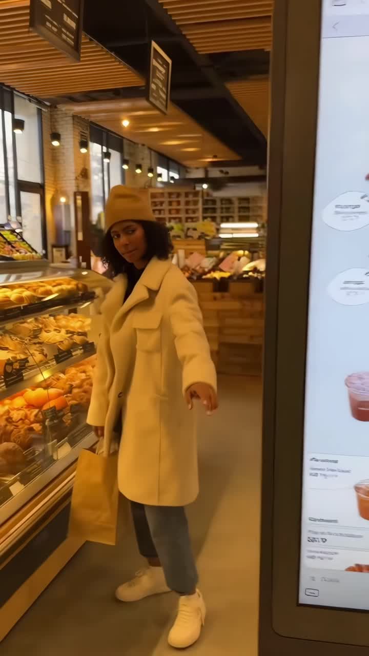 Video grandangolare di una pasticceria con una donna che osserva i dolci, con un display del menu digitale.
