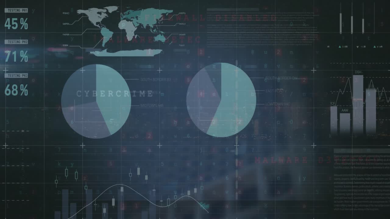 Animation of infographic interface over multiple texts, letters, symbols and numbers