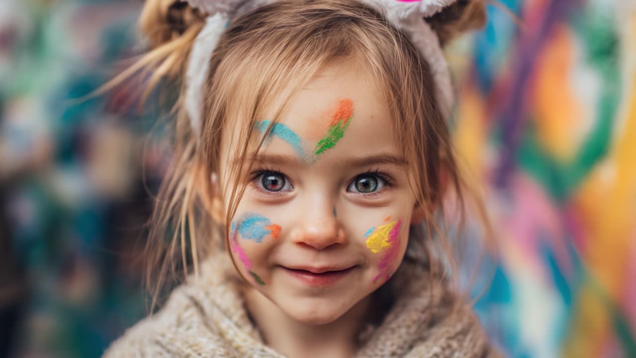 Un Momento Gioioso Catturato: Un Bambino con Trucco Creativo e Orecchie Giocose, Irradia Felicità su uno Sfondo Colorato