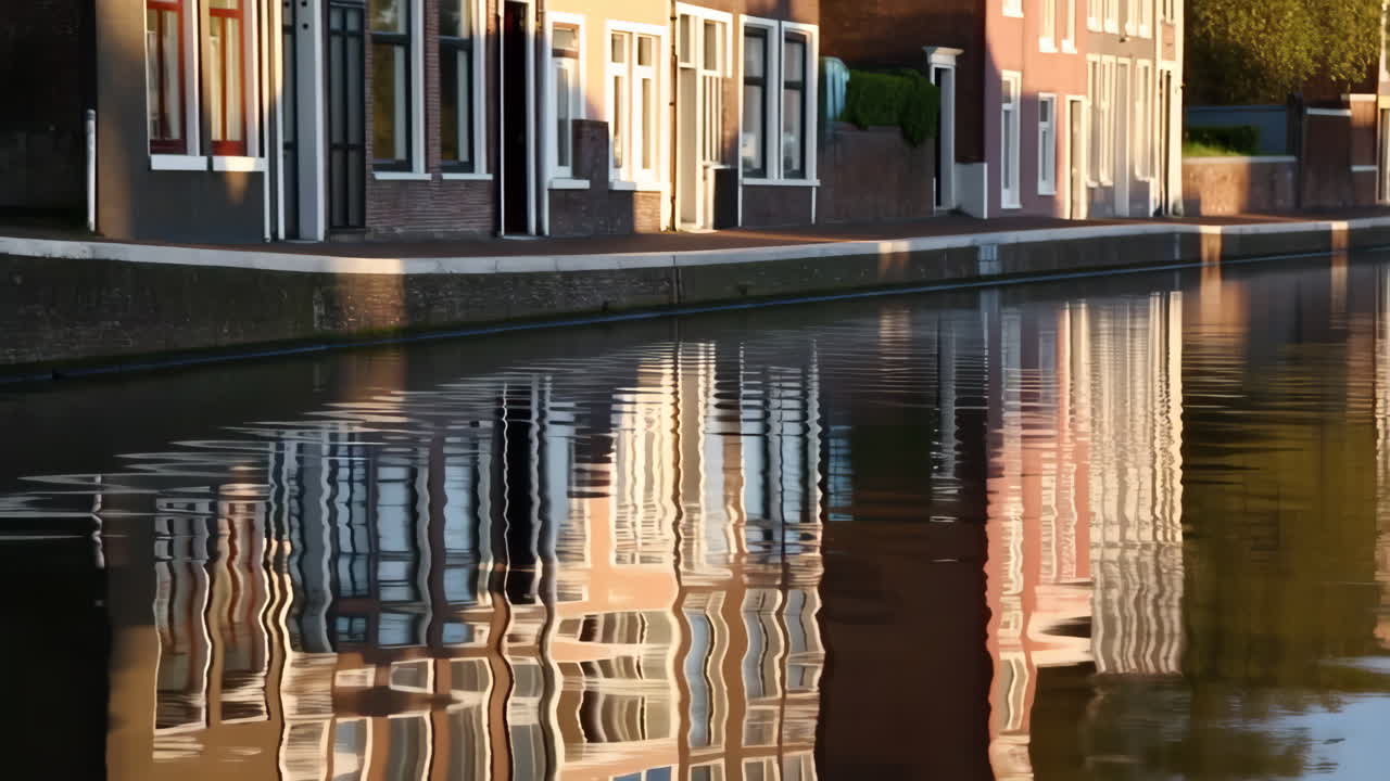 Colorful Houses Reflected in a Canal at Golden Hour