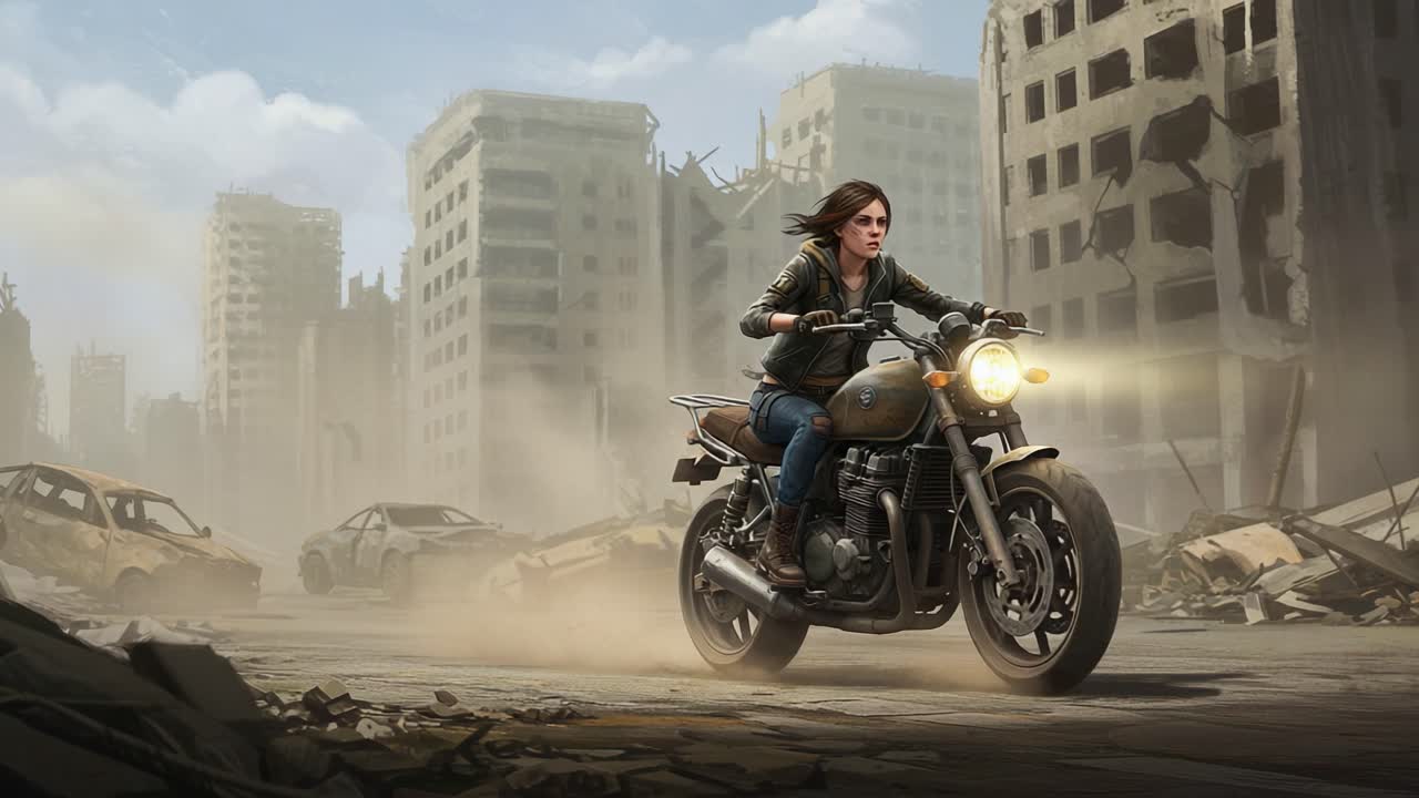A Brave Rider Navigating Through an Abandoned Cityscape on a Motorcycle Amidst Ruins and Destruction, Discovering Stories in the Remnants of a Lost World