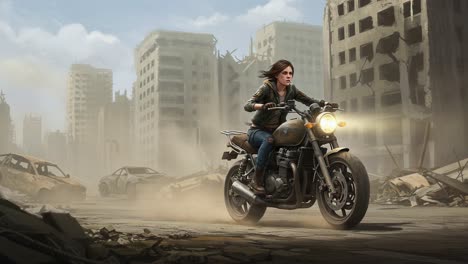 a brave rider navigating through an abandoned cityscape on a motorcycle amidst ruins and destruction, discovering stories in the remnants of a lost world