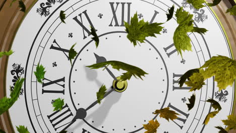 Animación-De-Hojas-De-Otoño-Cayendo-Sobre-El-Reloj.