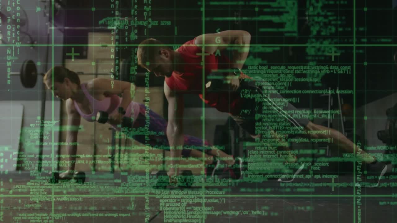 Partners planking doing dumbbell rows in gym, man leading cadence, green code overlay for strength