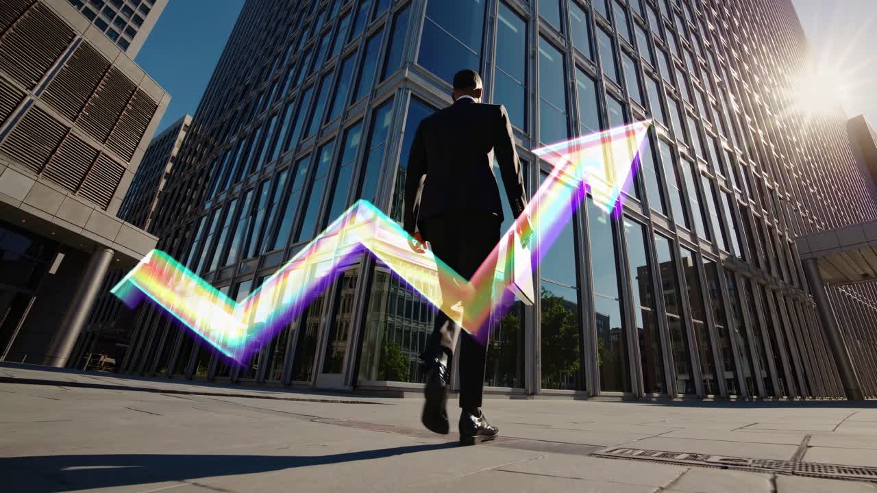 Low-angle video shot of a businessman walking towards a modern glass building, with a colorful