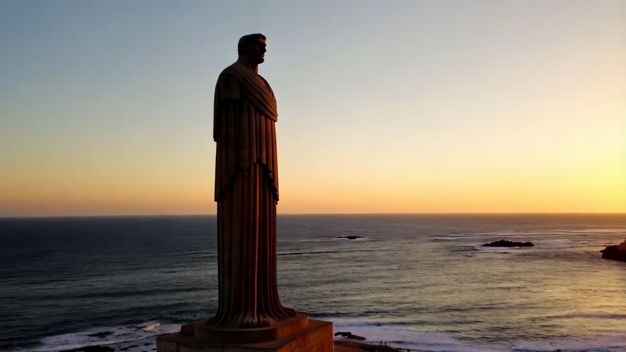 Monumental Statue at Sunset Over the Ocean