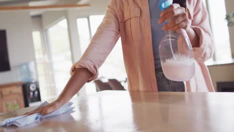 video of midsection of biracial woman cleaning countertop