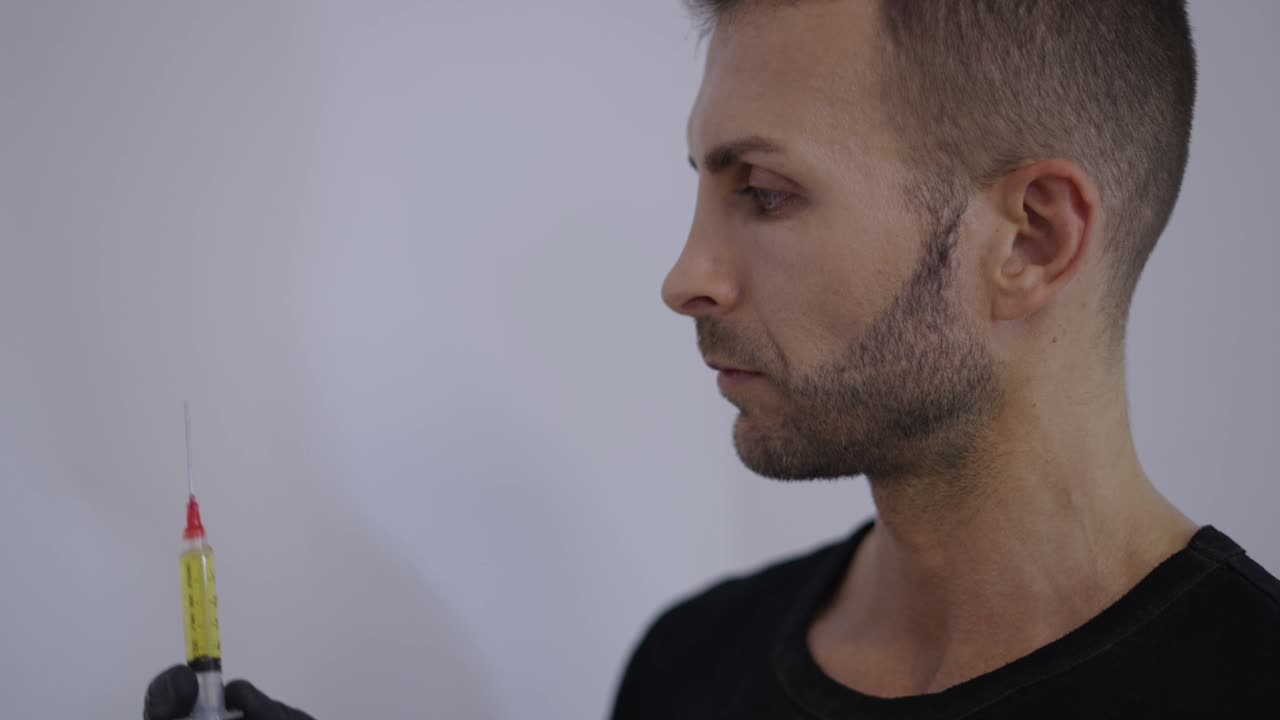Man holding a syringe with yellow liquid, likely for a medical or cosmetic procedure