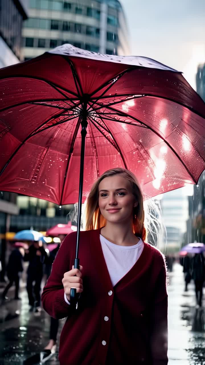 A woman is walking down a street holding a red umbrella