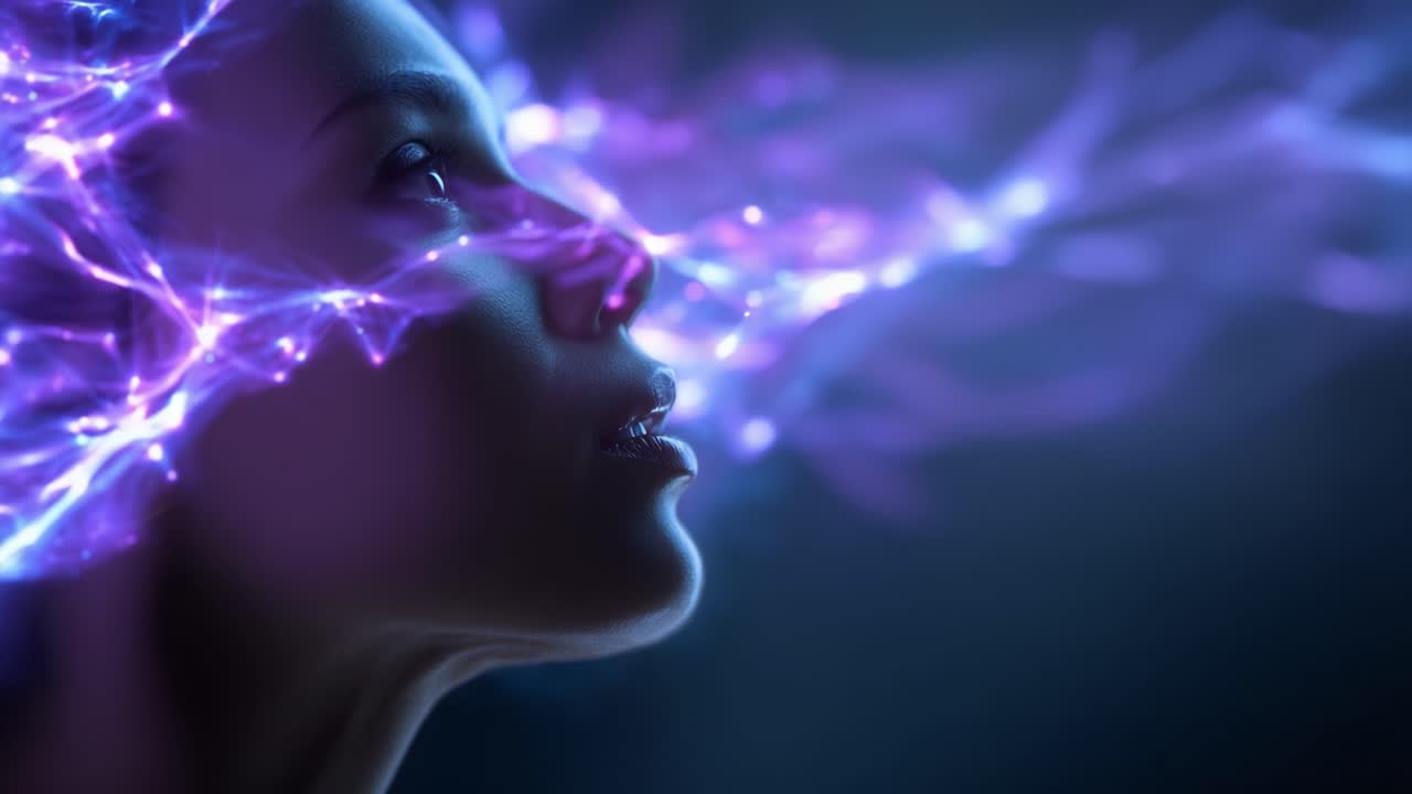 Una rappresentazione affascinante di un volto umano circondato da energia vibrante e luminosa, che illustra la connessione tra i pensieri e i fenomeni cosmici in un modo visivamente sbalorditivo