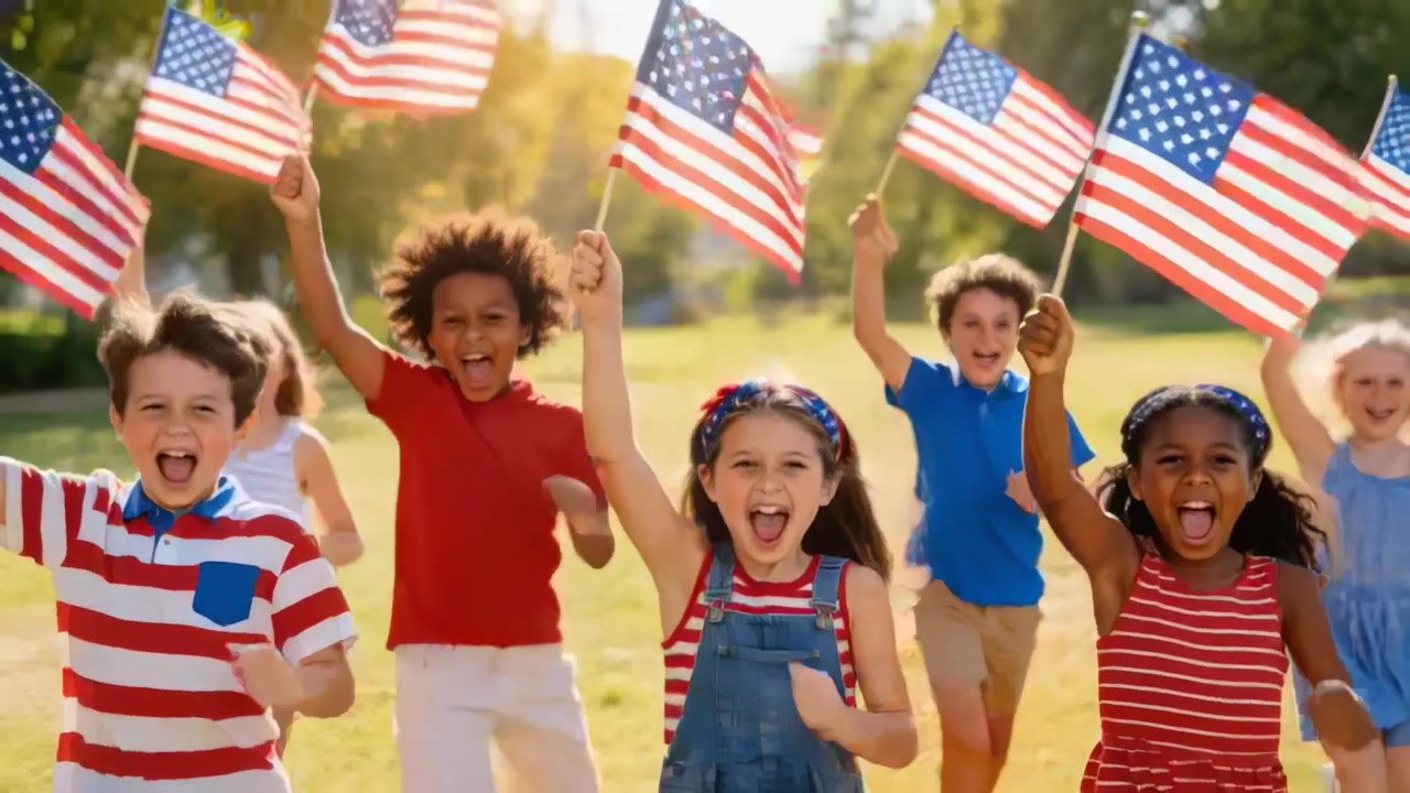 Running group of children cheering and waving American flags across grassy park, wearing overalls
