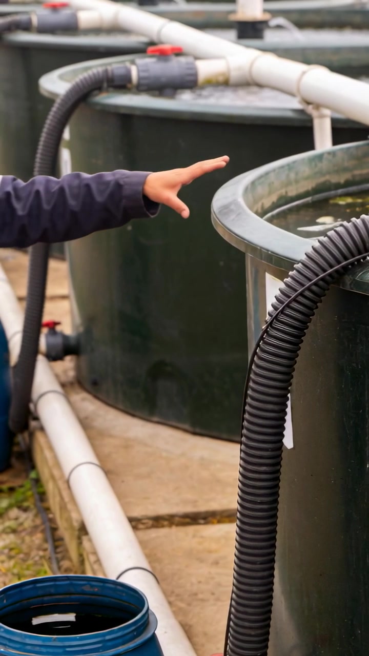 Video verticale: Lavoratore con il cappotto che testa l'acqua in una fattoria, con il palmo sospeso sopra, fusto blu in PVC, spazio per il testo.
