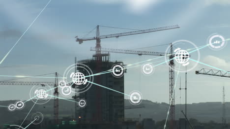 animación de la red de conexiones con iconos sobre el sitio de construcción.