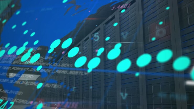 Animation of data processing and world map over server room