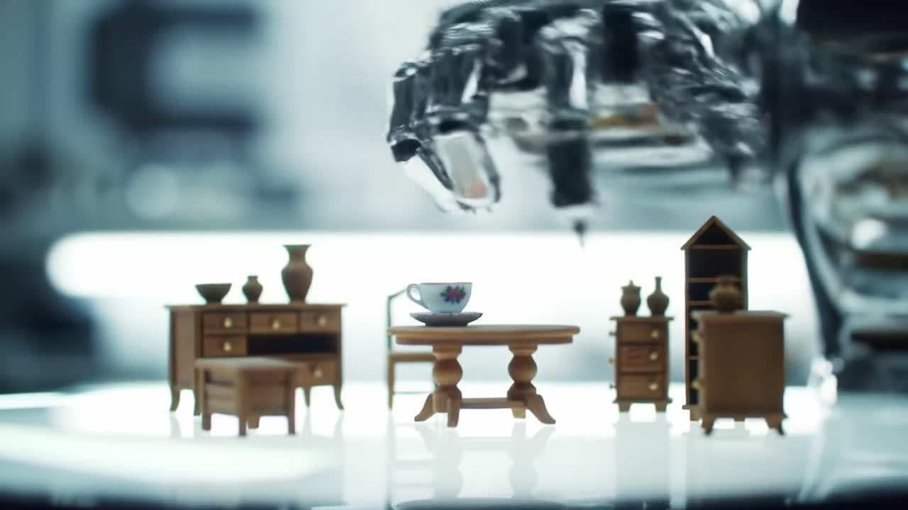 Small wooden furniture pieces are meticulously assembled by a robotic arm in a contemporary workshop, showcasing precision and innovation in design and production techniques.