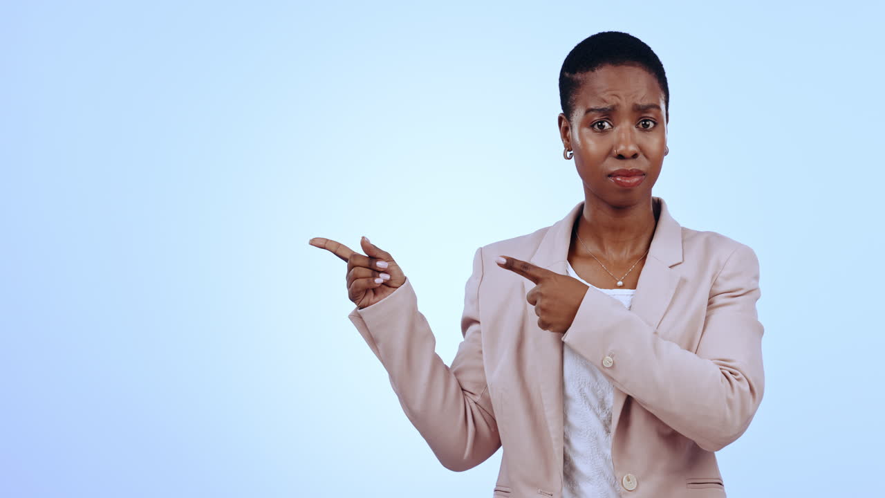 Surprise, no and black woman in studio pointing