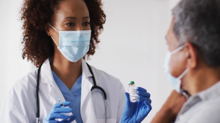 Mixed race female doctor wearing mask giving vaccination to senior man at home