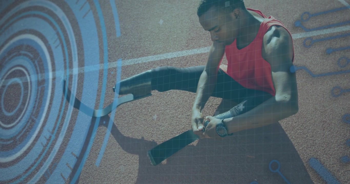 Animazione di interfaccia digitale sopra uomini afroamericani con disabilità fisica che corrono
