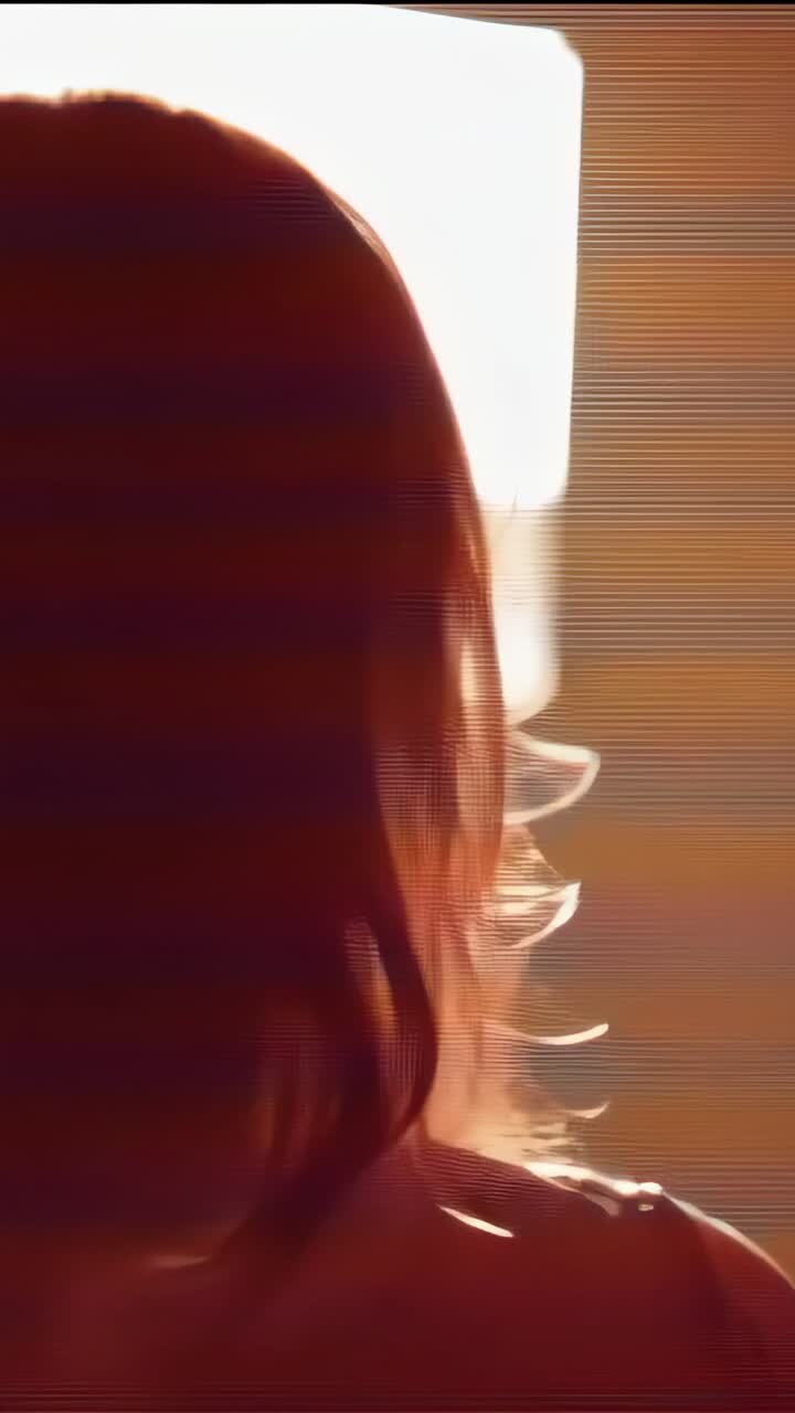 Vertical video: Reacting to brightening window, woman turning head in warm room, rim-lit hair