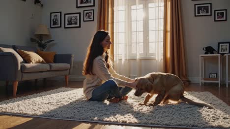woman and dog in living room
