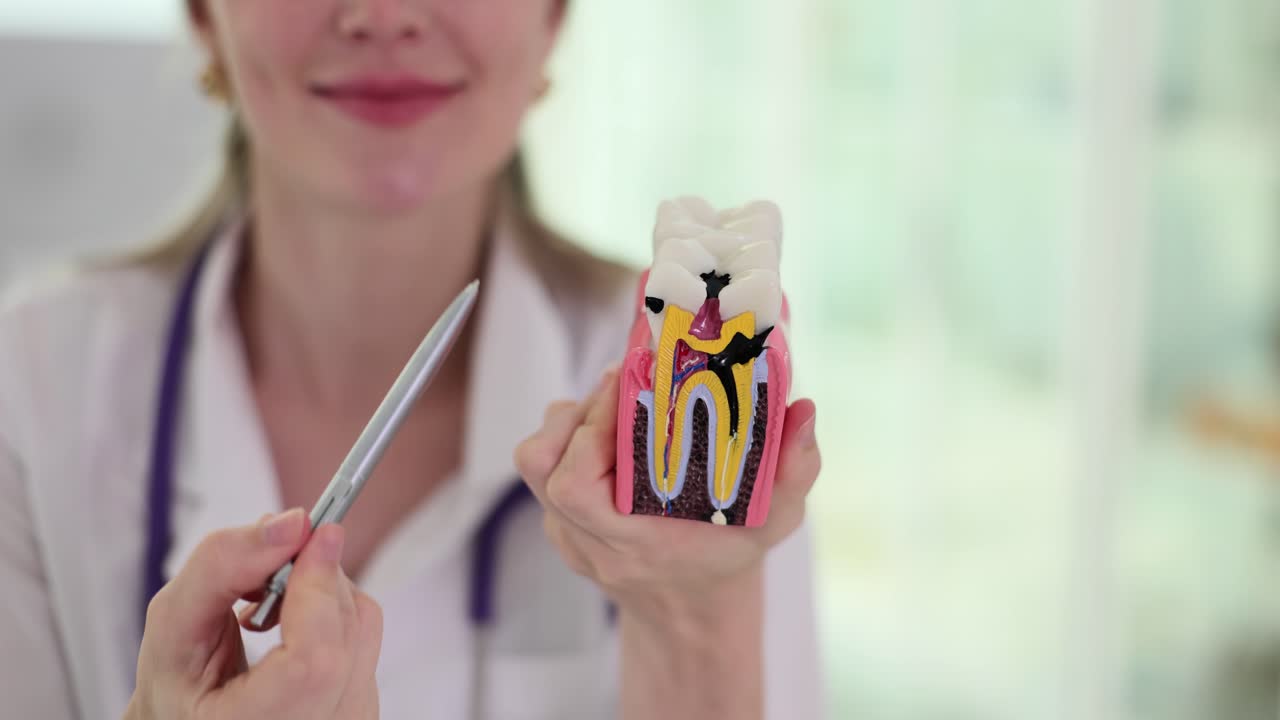 Dentista mostra modelo artificial de dentes com cáries e saudáveis
