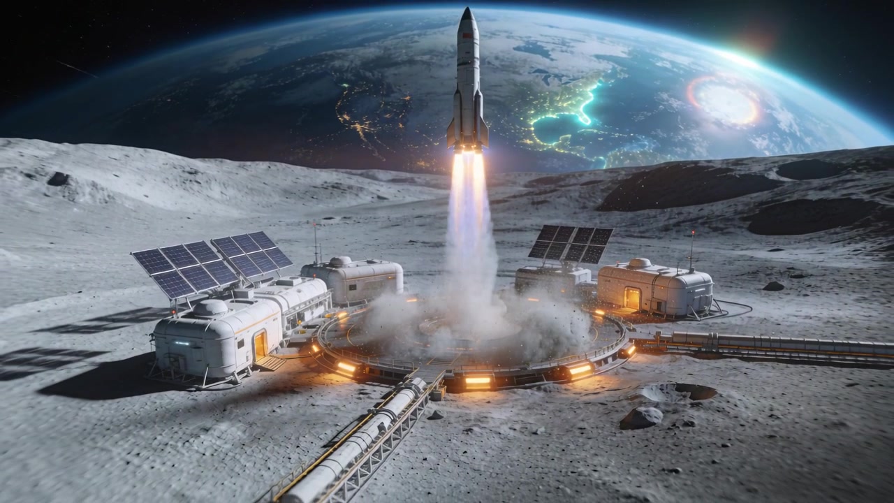 Igniting engines, rocket lifting from pad at moon base to orbit past habitats, dust billowing