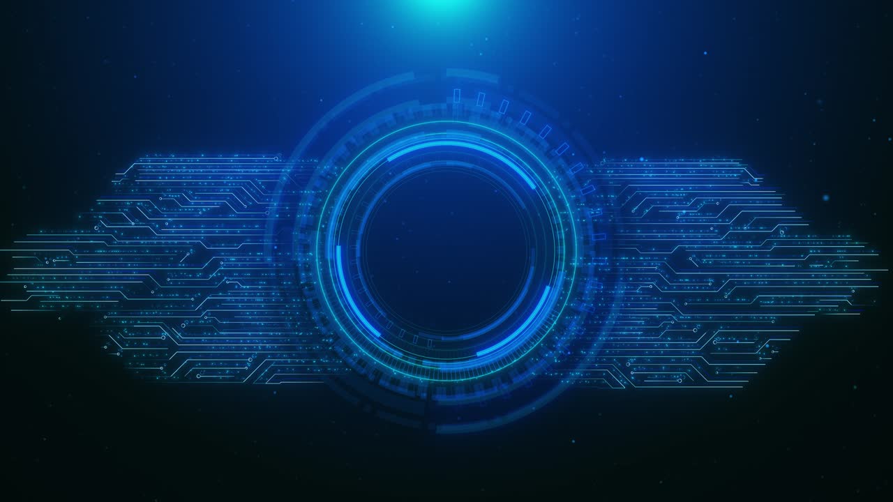 Hightech animation glowing digital hud interface circular core surrounded by detailed circuit