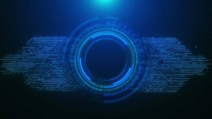 Animazione high-tech di un'interfaccia HUD digitale luminosa con un nucleo circolare circondato da un circuito dettagliato.