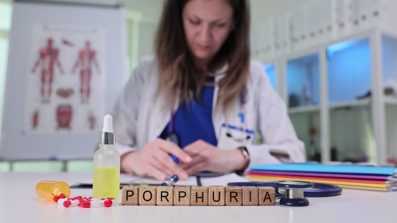 Médico trabalhando na mesa com blocos de Porfiria e suprimentos médicos.