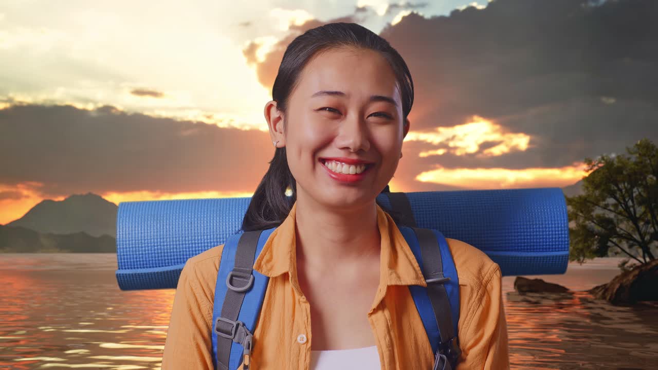 Close Up Of Asian Female Hiker With Mountaineering Backpack Smiling To Camera While Standing At A Lake During Sunset Time