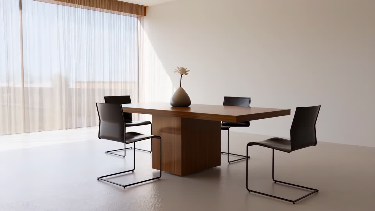 Modern minimalist dining room with a wooden table and black chairs