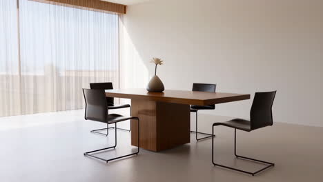 modern minimalist dining room with a wooden table and black chairs