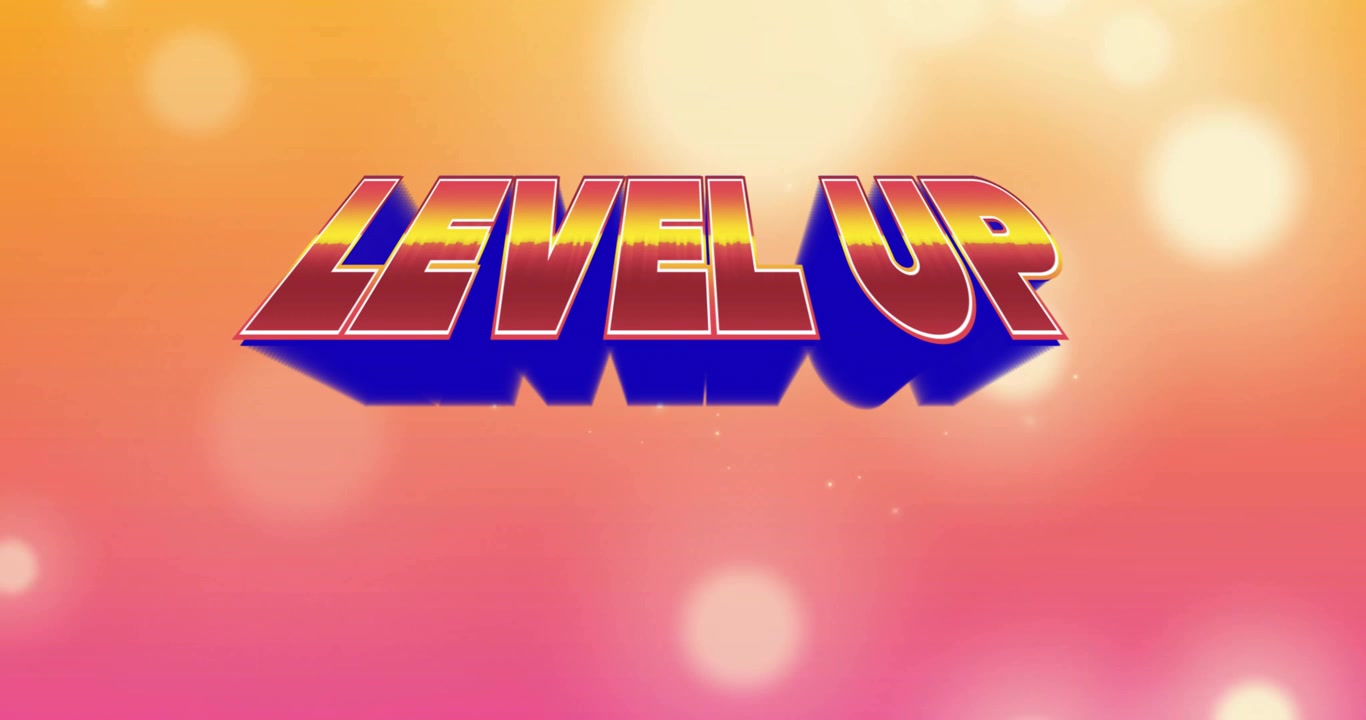 At start 3D LEVEL UP text transitioning from white to red sparkles drifting to reveal logo