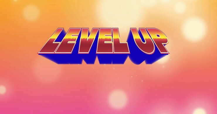 At start 3D LEVEL UP text transitioning from white to red sparkles drifting to reveal logo