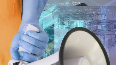 animación de la mano con jabón, megáfono y espacio digital sobre la fábrica