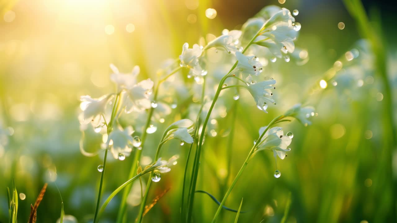 Close-up, low-angle shot of dewy white flowers in sunlight, creating a serene, dreamy atmosphere