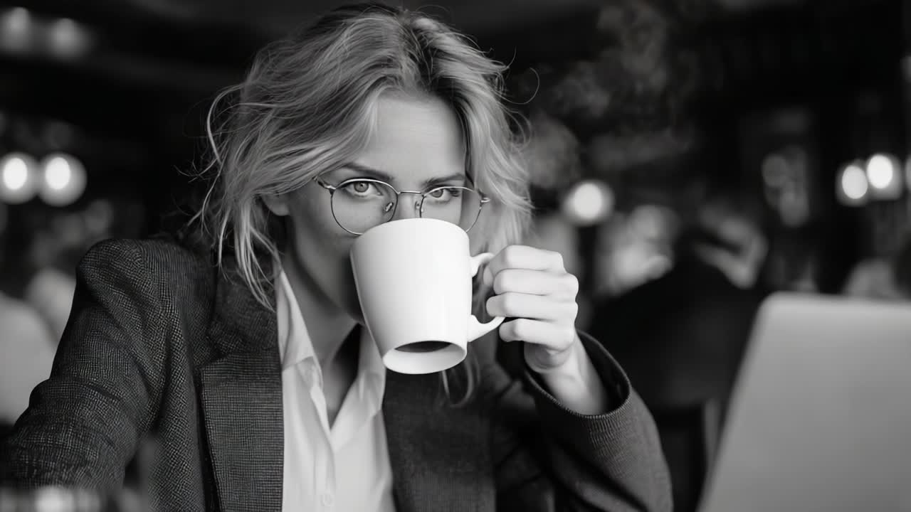 Um Momento Pensativo: Cativante Reflexo de uma Jovem Mulher em um Aconchegante Ambiente de Café, Desfrutando Seu Café Enquanto Está Imersa em Pensamentos