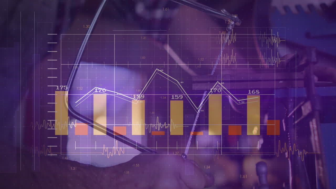 Overlaying financial data charts, person working with electronic equipment in animation