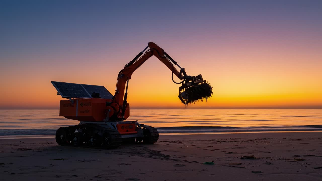 En robotrengøringsmaskine arbejder på en rolig strand under solnedgangen og samler effektivt affald fra kystlinjen, mens solen går ned over det rolige hav.