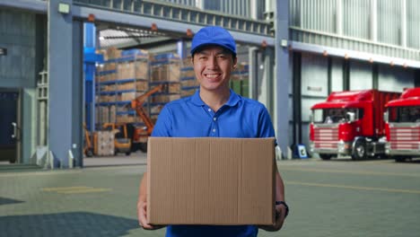 asian male courier in blue uniform smiling while delivering a carton, outside of logistics distributions warehouse