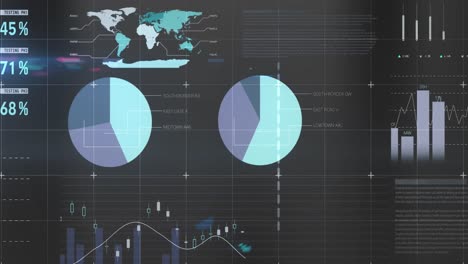 animation of statistical data processing over grid network against grey background