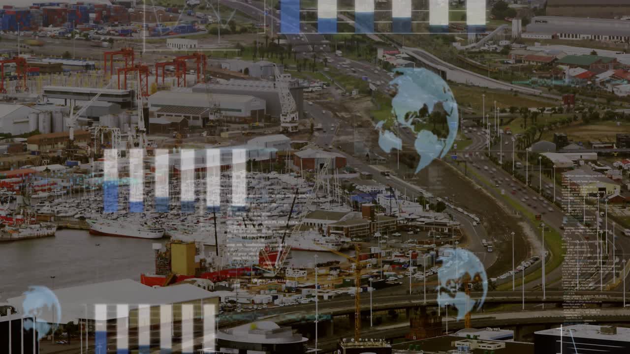 animación del procesamiento de datos y globos sobre el paisaje urbano