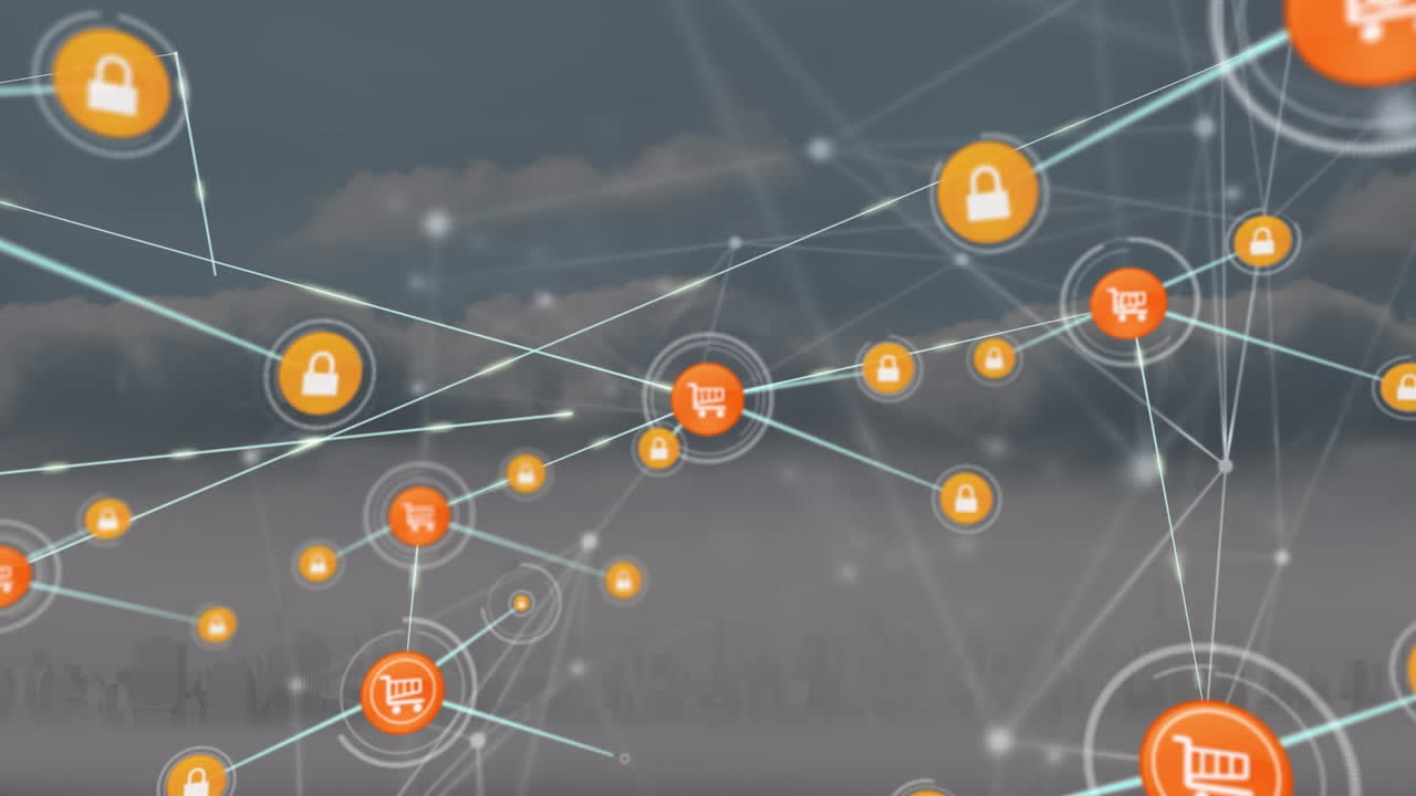 animación de la red de conexiones con íconos y nubes