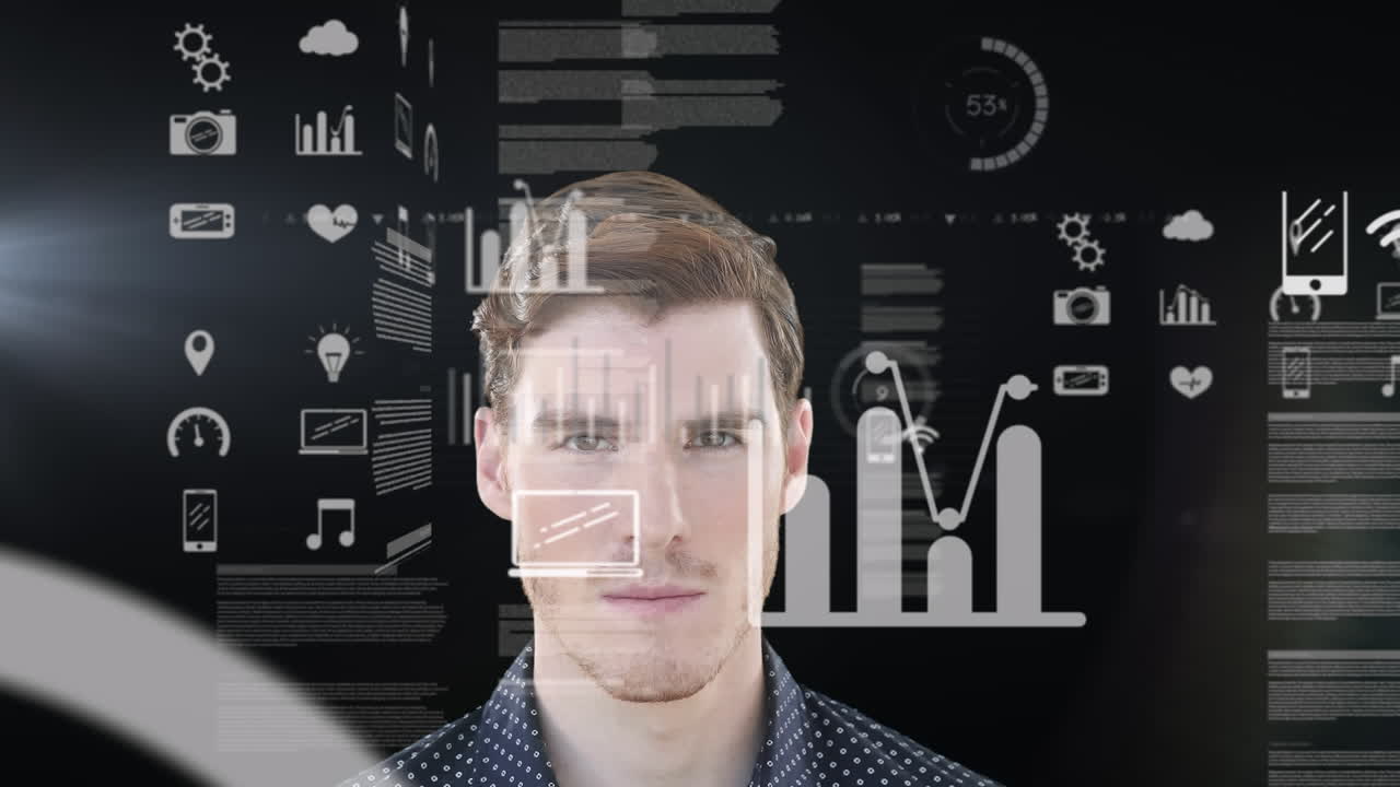 Animation of data processing over portrait of caucasian man smiling against black background